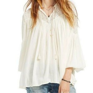 Denim & Supply Ralph Lauren Cream Peasant Top Blouse Crochet Trim SZ L EUC